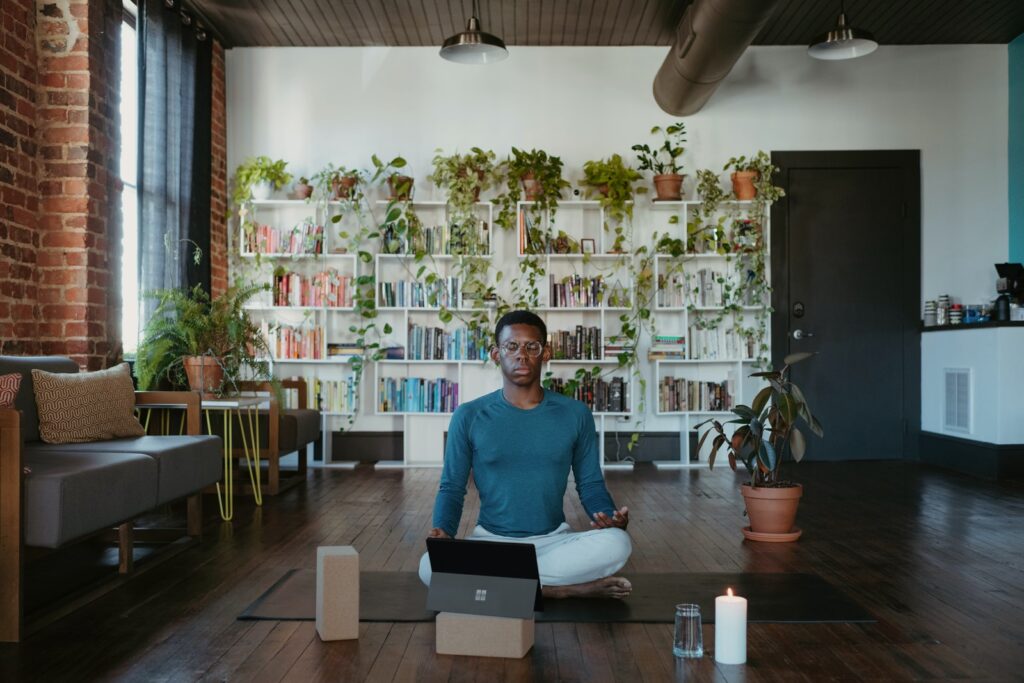 man doing virtual meditation practice
